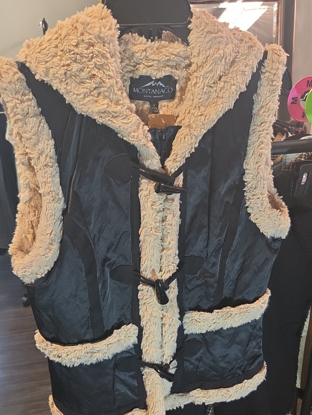 Montanaco Black Faux-Sherpa Trim Hooded Teddy Vest